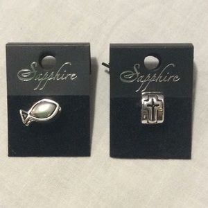 Sapphire Charms Beads Jesus Fish and Cross Silver with Black New